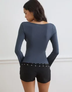Armel Long Sleeve Keyhole Top in Rayon Jersey Ocean Storm