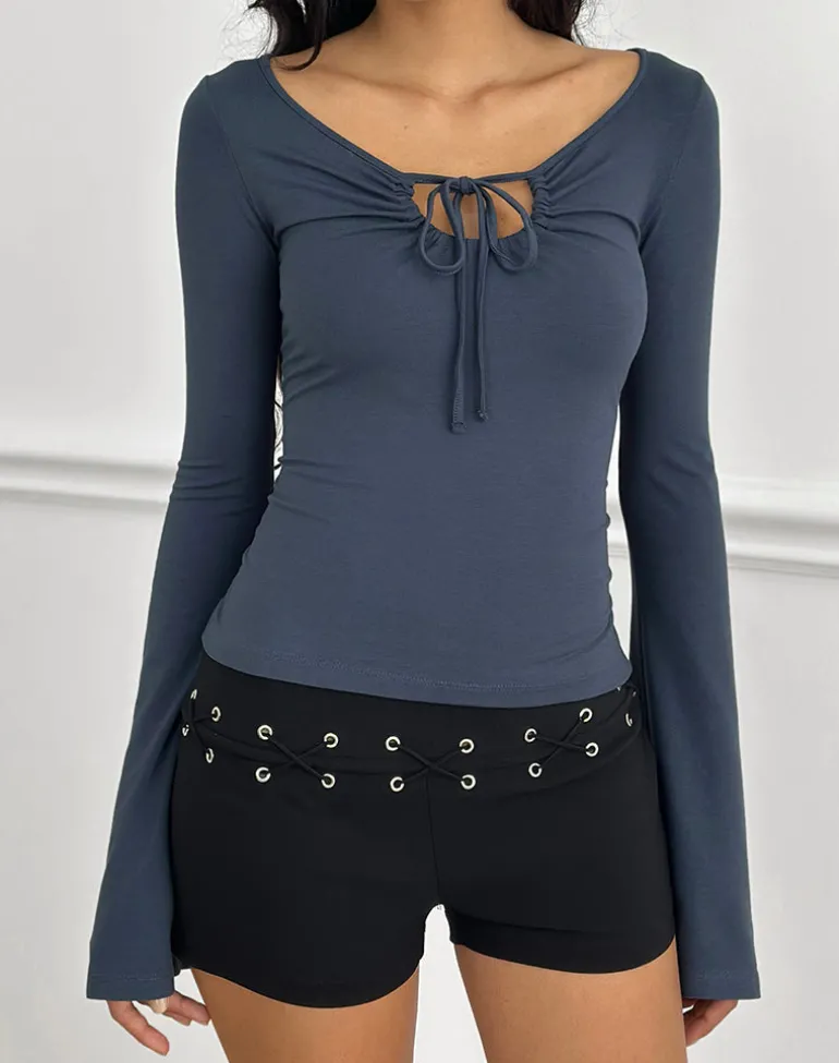 Armel Long Sleeve Keyhole Top in Rayon Jersey Ocean Storm