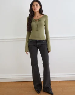 Armel Long Sleeve Keyhole Top in Rayon Jersey Khaki