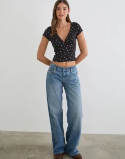 Asana Top in Black with Red Rose Ditsy Print