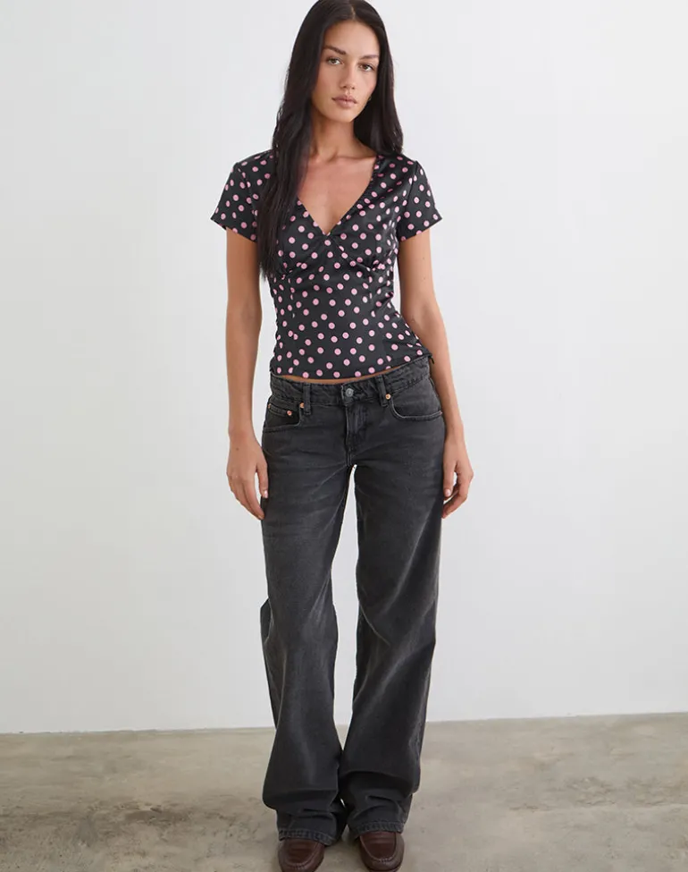 Asena Top in Black Satin Scattered with Pink Polka