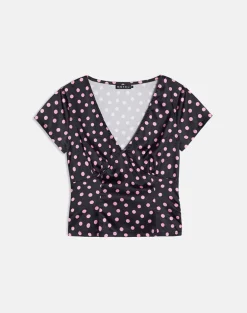 Asena Top in Black Satin Scattered with Pink Polka