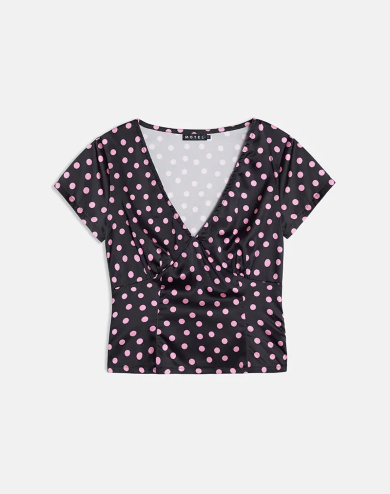Asena Top in Black Satin Scattered with Pink Polka