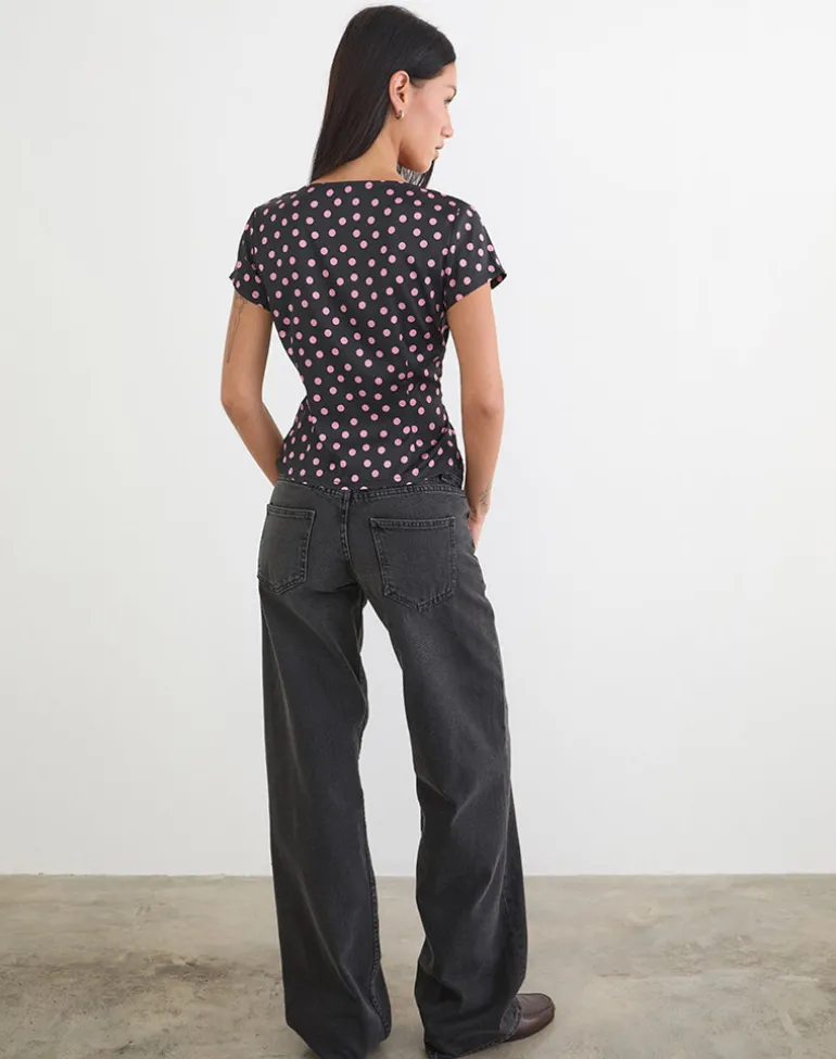 Asena Top in Black Satin Scattered with Pink Polka
