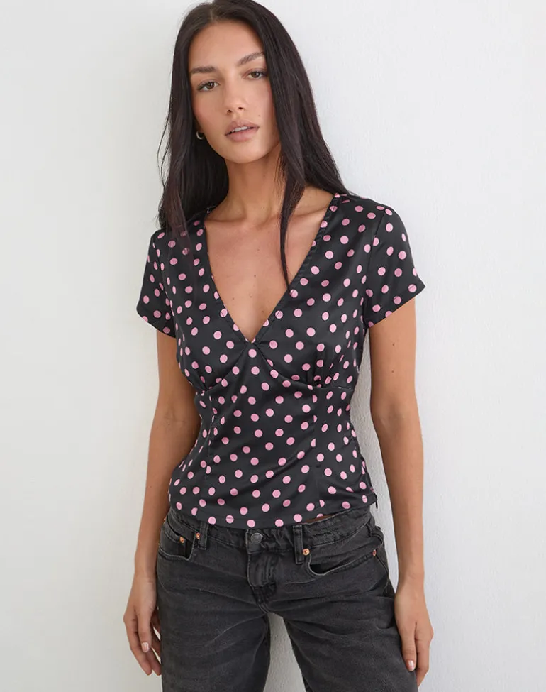 Asena Top in Black Satin Scattered with Pink Polka