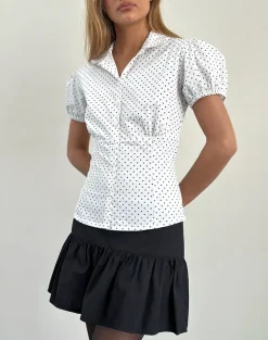 Aspen Puff Sleeve Blouse in Micro Polka White and Black