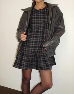 Asterin Mini Smock Dress in Navy Mustard Check