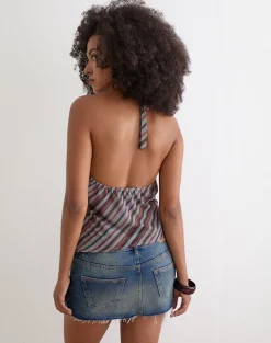 Astina Halterneck Top in Chiffon Grey and Maroon Diagonal Stripe
