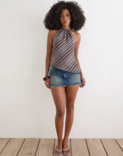 Astina Halterneck Top in Chiffon Grey and Maroon Diagonal Stripe