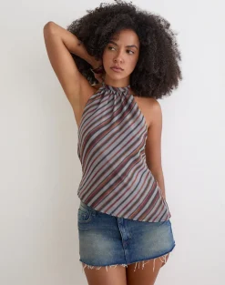 Astina Halterneck Top in Chiffon Grey and Maroon Diagonal Stripe