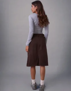 Astor Midi Skirt in Brown with Contrast Stitch