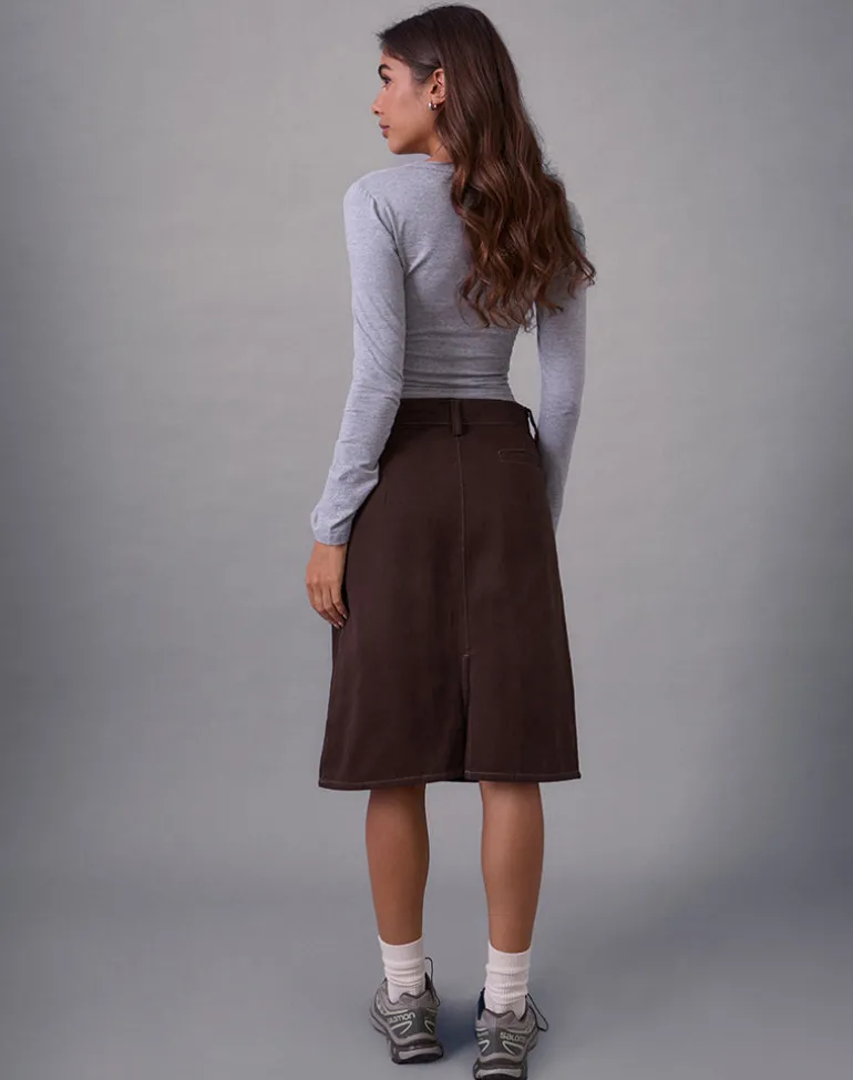 Astor Midi Skirt in Brown with Contrast Stitch