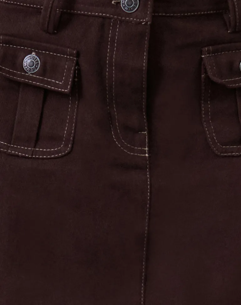Astor Midi Skirt in Brown with Contrast Stitch