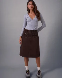 Astor Midi Skirt in Brown with Contrast Stitch