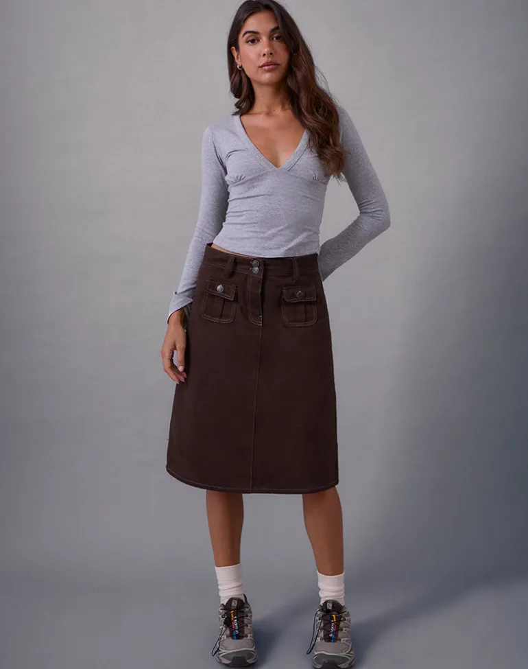 Astor Midi Skirt in Brown with Contrast Stitch
