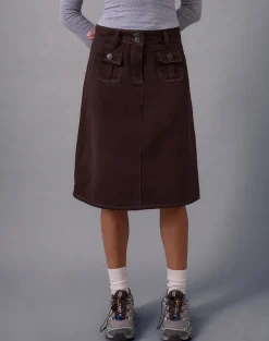 Astor Midi Skirt in Brown with Contrast Stitch