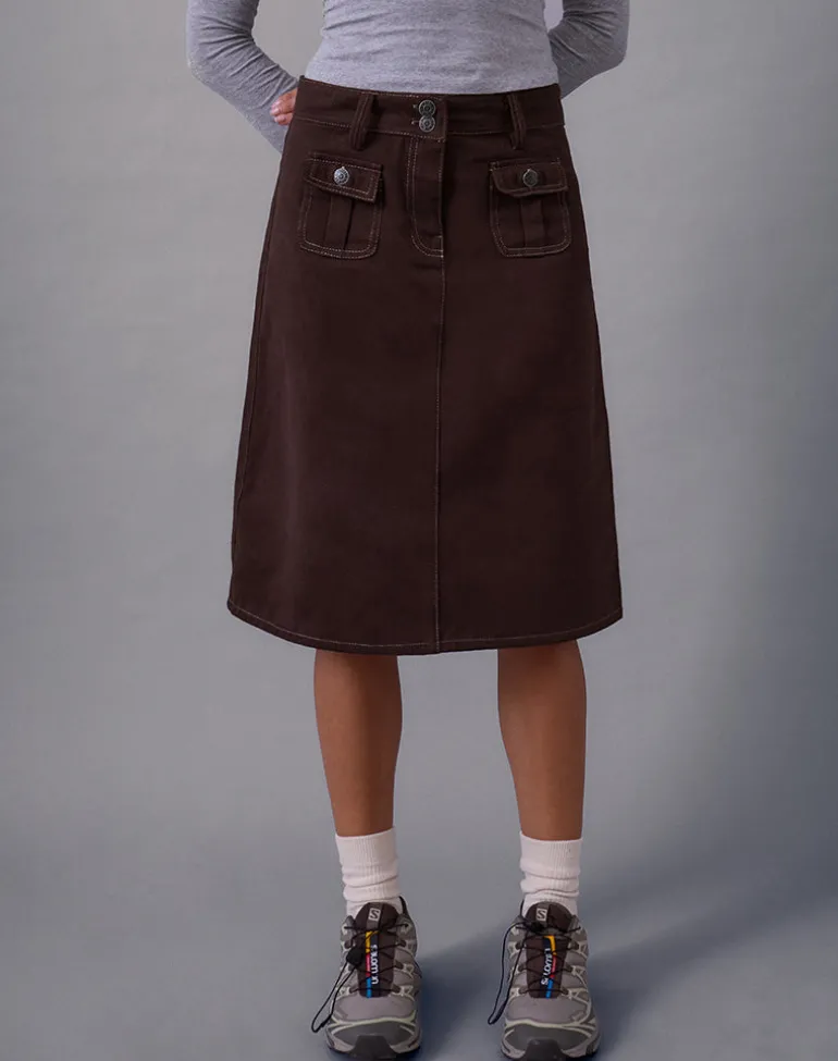 Astor Midi Skirt in Brown with Contrast Stitch