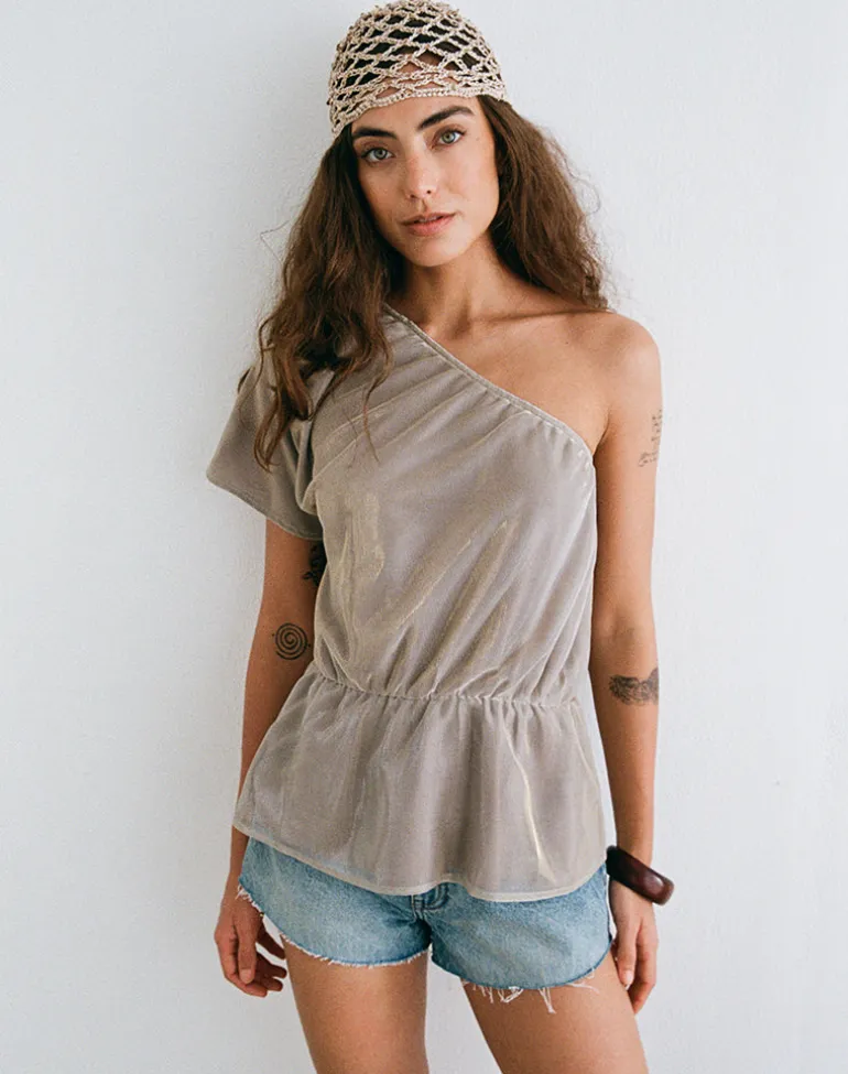 Astria One Shoulder Tie Belt Top in Gold Plisse