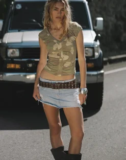 Atheia Gathered V-Neck Top in Blurry Camo Khaki