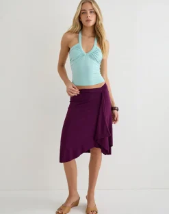 Athenia Ruched V Neck Top in Rayon Jersey Aqua
