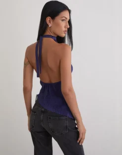 Atsila High Neck Sleeveless Top in Plisse Navy