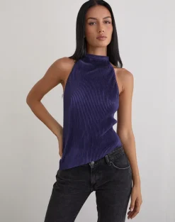 Atsila High Neck Sleeveless Top in Plisse Navy