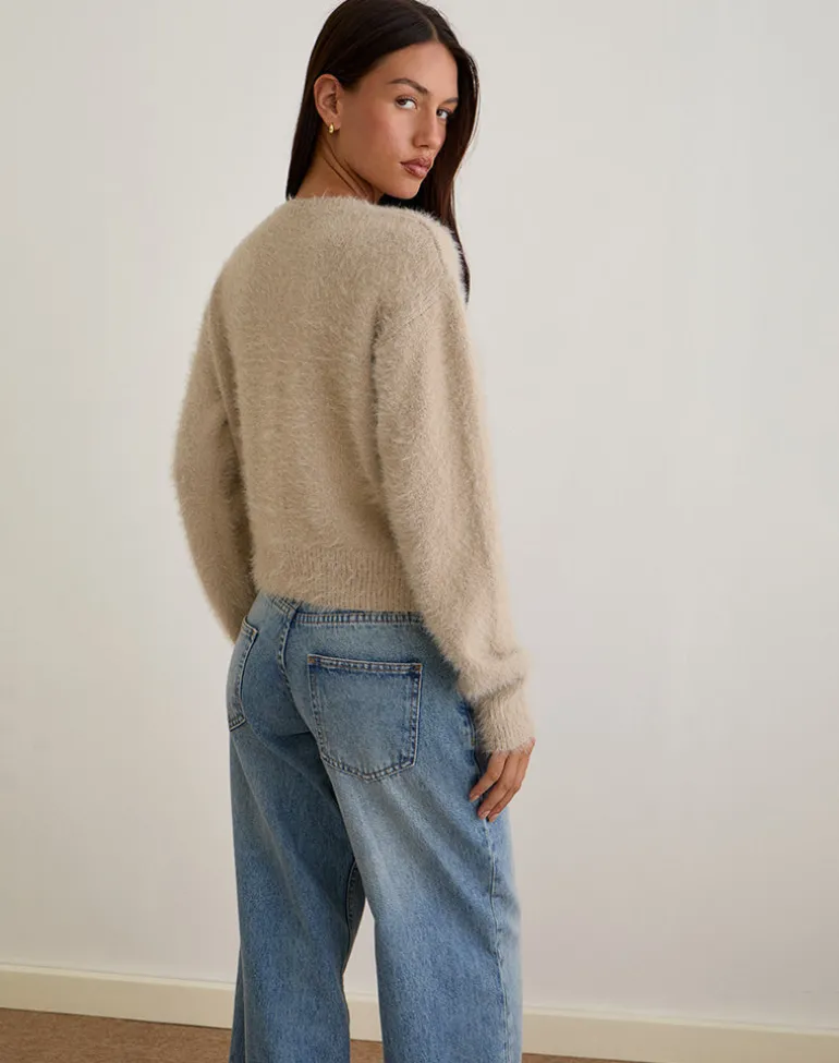 Audrina Cardigan in Fluffy Knit Beige