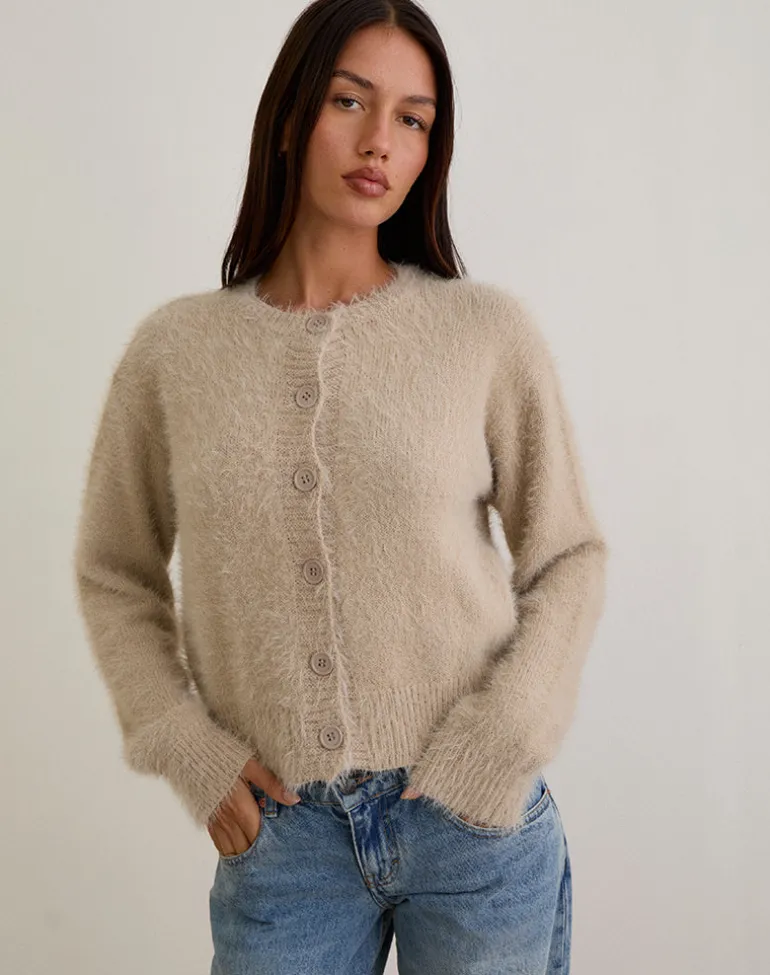 Audrina Cardigan in Fluffy Knit Beige