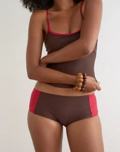 Avilina Swim Short in Brown with Red Binding
