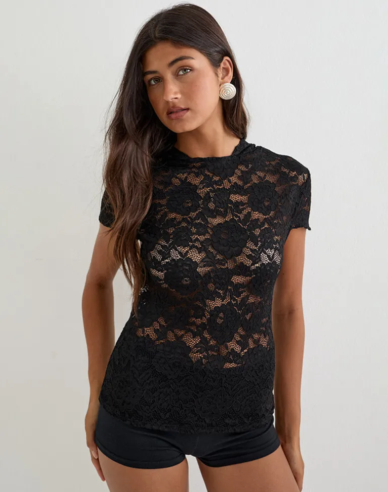 Axelle Hooded Top in Floral Lace Black
