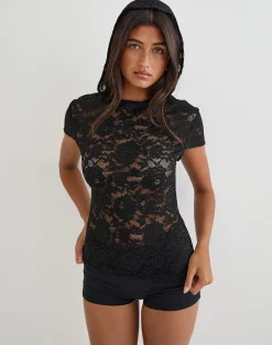 Axelle Hooded Top in Floral Lace Black