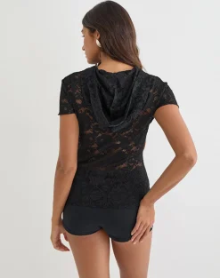 Axelle Hooded Top in Floral Lace Black