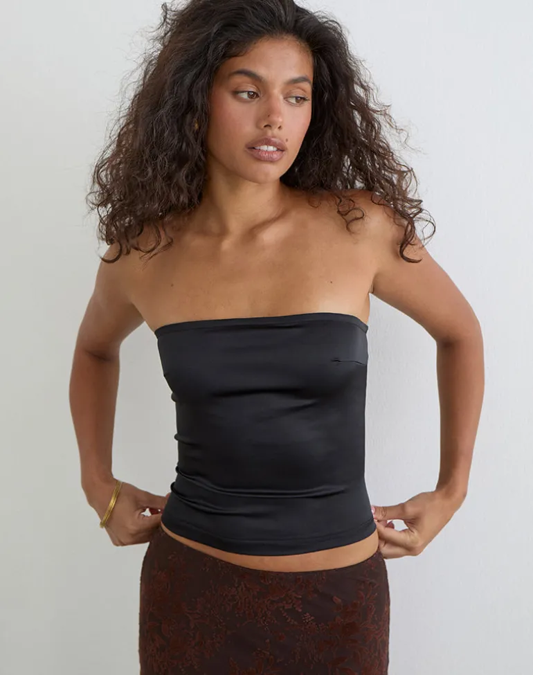 Ayaka Lace Up Corset Top in Satin Black