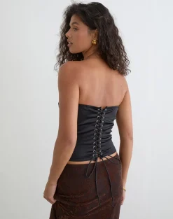 Ayaka Lace Up Corset Top in Satin Black