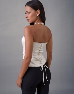 Ayaka Lace Up Corset Top in Satin Jacquard Ivory
