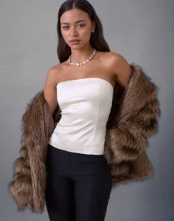 Ayaka Lace Up Corset Top in Satin Jacquard Ivory
