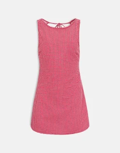 Ayana Backless Mini Dress in Linen Red Gingham
