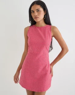 Ayana Backless Mini Dress in Linen Red Gingham