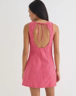 Ayana Backless Mini Dress in Linen Red Gingham