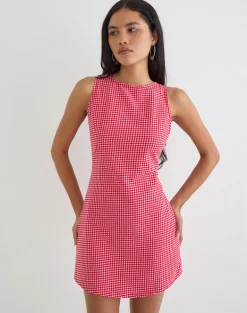 Ayana Backless Mini Dress in Linen Red Gingham