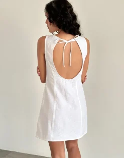 Ayana Open Back Mini Dress in Off White Linen