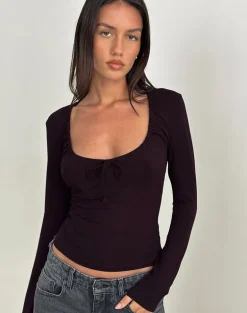 Aye Plunge Long Sleeve Top with Ruched Neck in Redwood