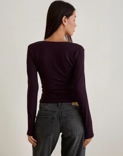 Aye Plunge Long Sleeve Top with Ruched Neck in Redwood