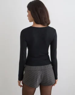 Aye Plunge Long Sleeve Top with Ruched Neck in Black