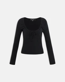Aye Plunge Long Sleeve Top with Ruched Neck in Black