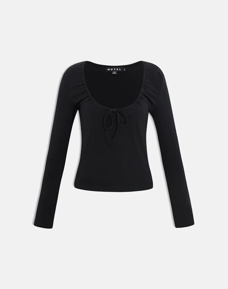 Aye Plunge Long Sleeve Top with Ruched Neck in Black