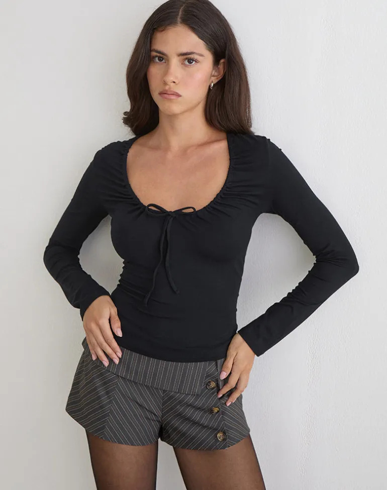 Aye Plunge Long Sleeve Top with Ruched Neck in Black
