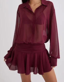 Azphira Long Sleeve Button Up Playsuit in Burgundy