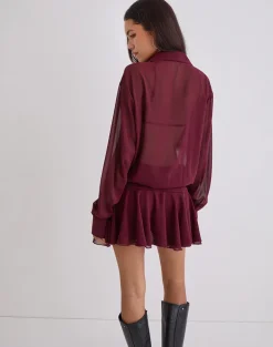 Azphira Long Sleeve Button Up Playsuit in Burgundy