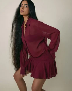 Azphira Long Sleeve Button Up Playsuit in Burgundy